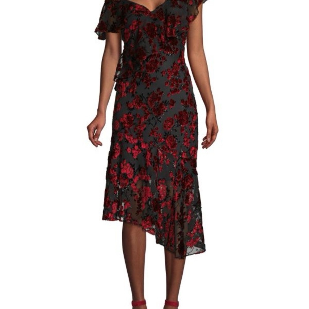 Parker Black Red Asymmetrical Floral Dress Womens 0 Off Shoulder Gown Cocktail